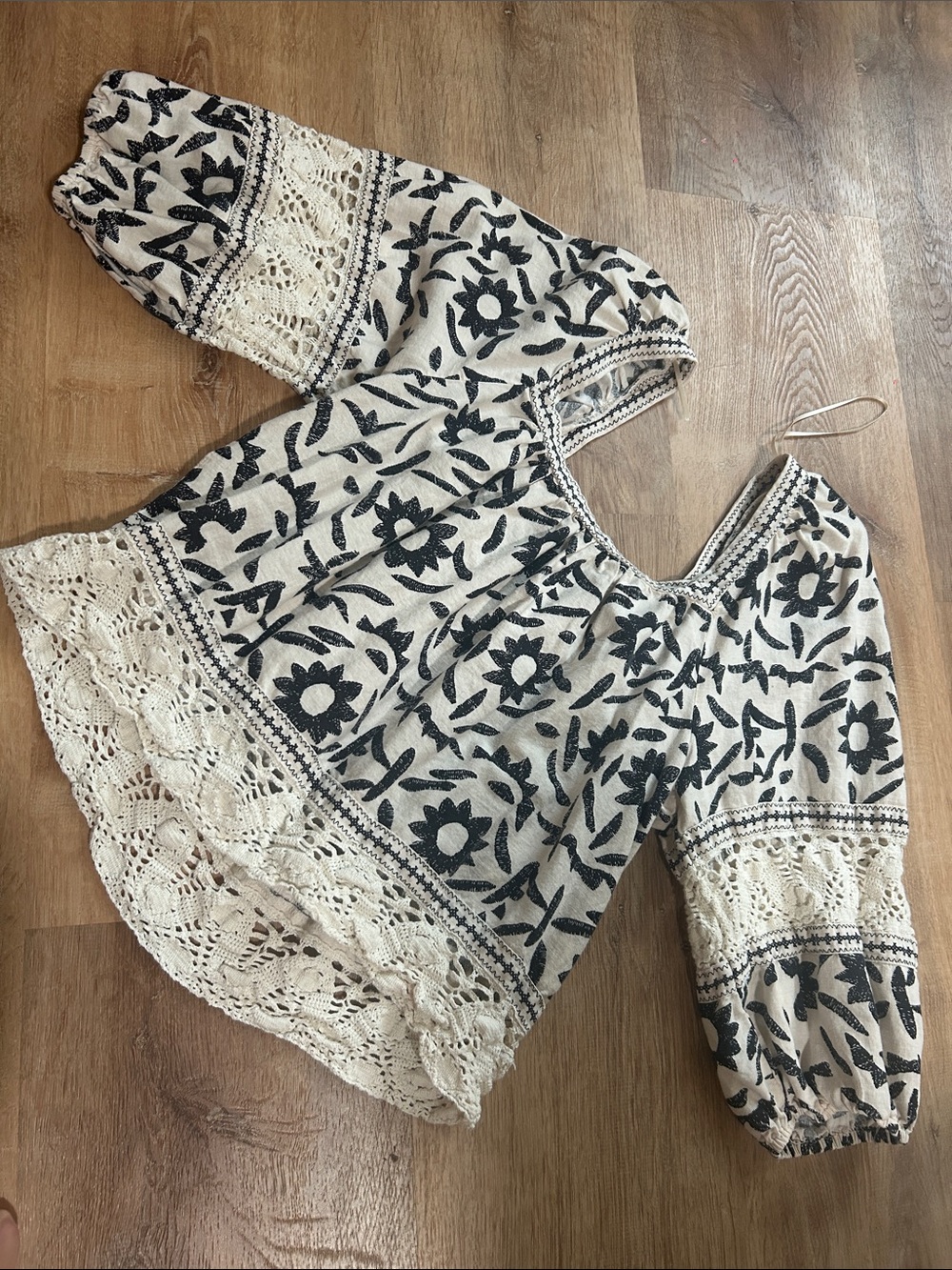 Women's Embroidered Crochet Peasant Blouse - Black on Cream